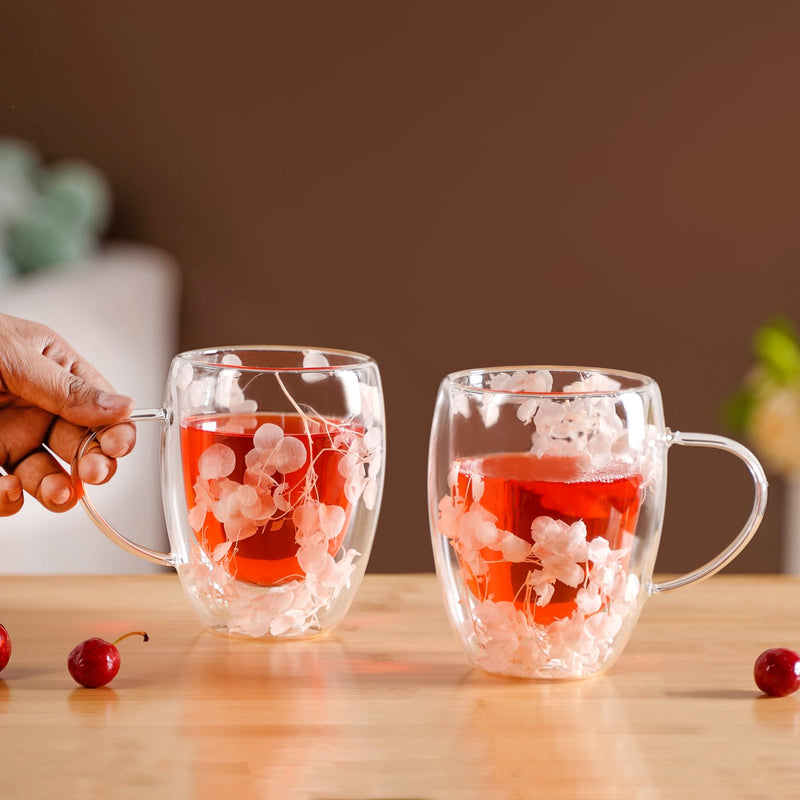 Faux Flowers Double Glass Coffee Mug Set Of 2 350ml