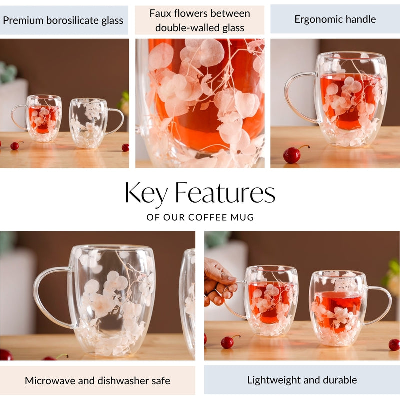 Faux Flowers Double Glass Coffee Mug Set Of 2 350ml