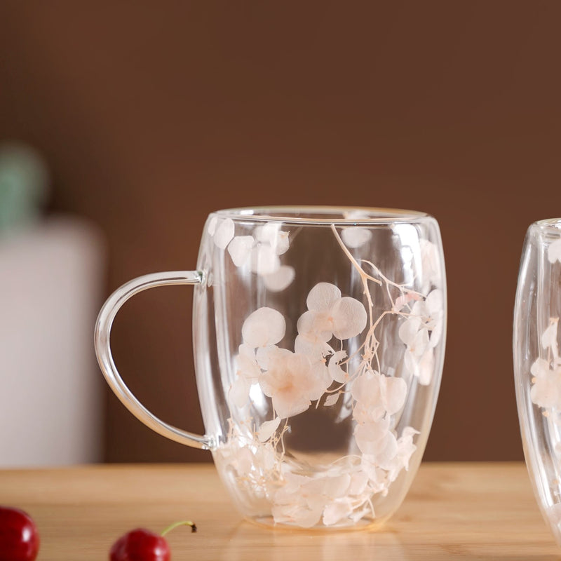 Faux Flowers Double Glass Coffee Mug Set Of 2 350ml