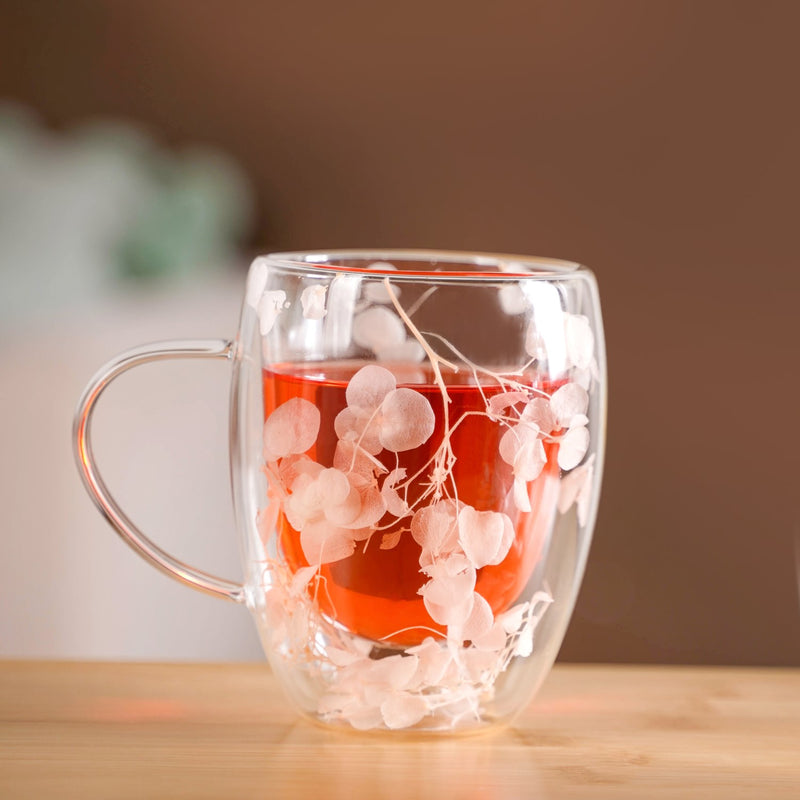 Faux Flowers Double Glass Coffee Mug Set Of 2 350ml