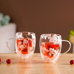 Faux Flowers Double Glass Coffee Mug Set Of 2 350ml