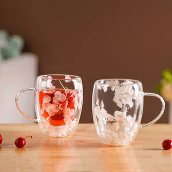 Faux Flowers Double Glass Coffee Mug Set Of 2 350ml
