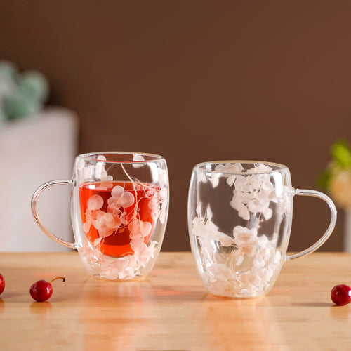 Faux Flowers Double Glass Coffee Mug Set Of 2 350ml
