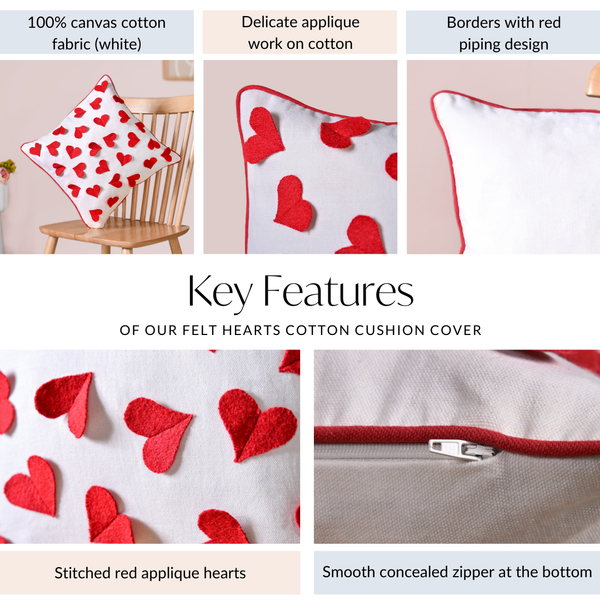 Felt Hearts Cotton Cushion Cover 40x40cm