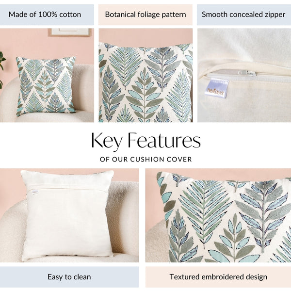Fern Embroidered Cotton Cushion Cover 50x50cm