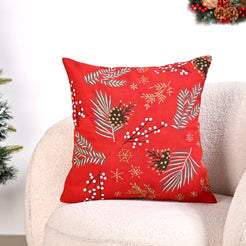 Festive Pine Leaves Bright Red Couch Cushion Cover 40x40cm