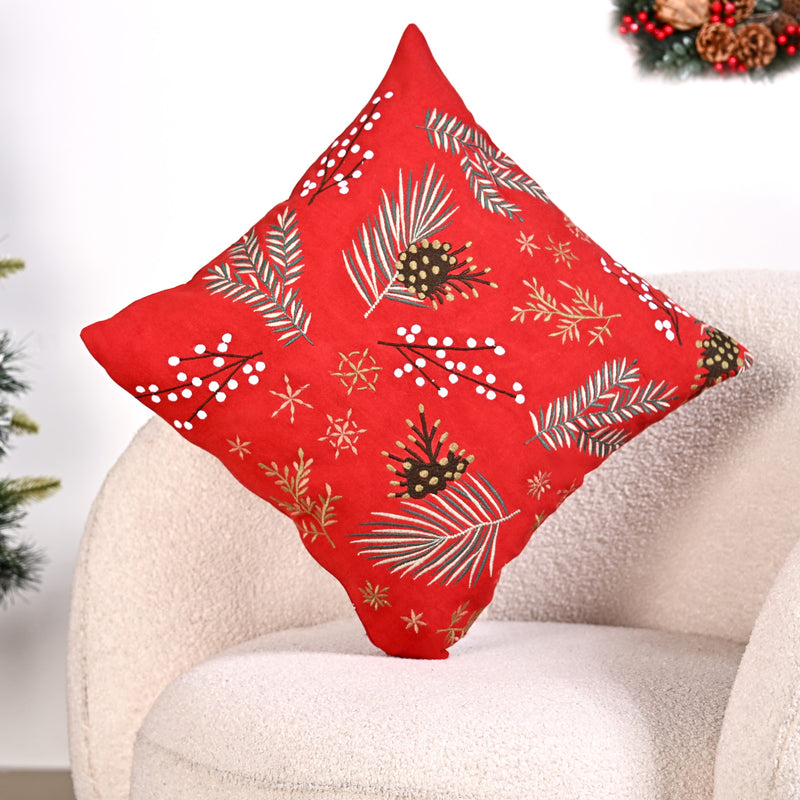 Festive Pine Leaves Bright Red Couch Cushion Cover 40x40cm