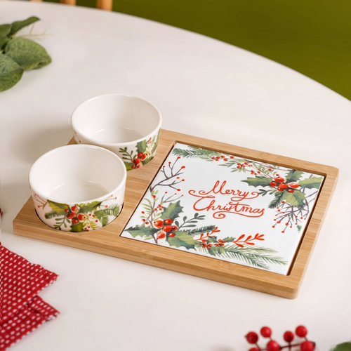 Festive Holly Berry Bowls And Platter Set Of 4