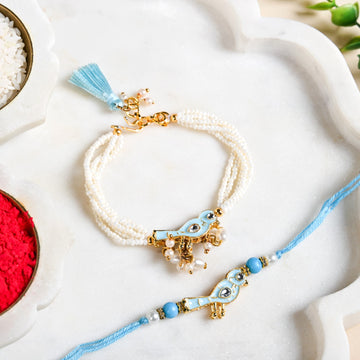 Blue Bird Charm Rakhi And Lumba Bracelet Set