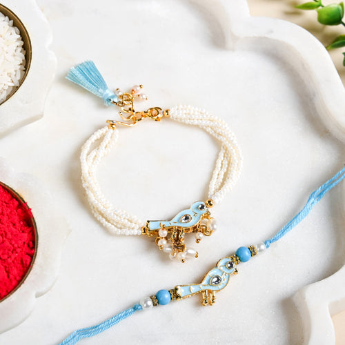 Blue Bird Charm Rakhi And Lumba Bracelet Set