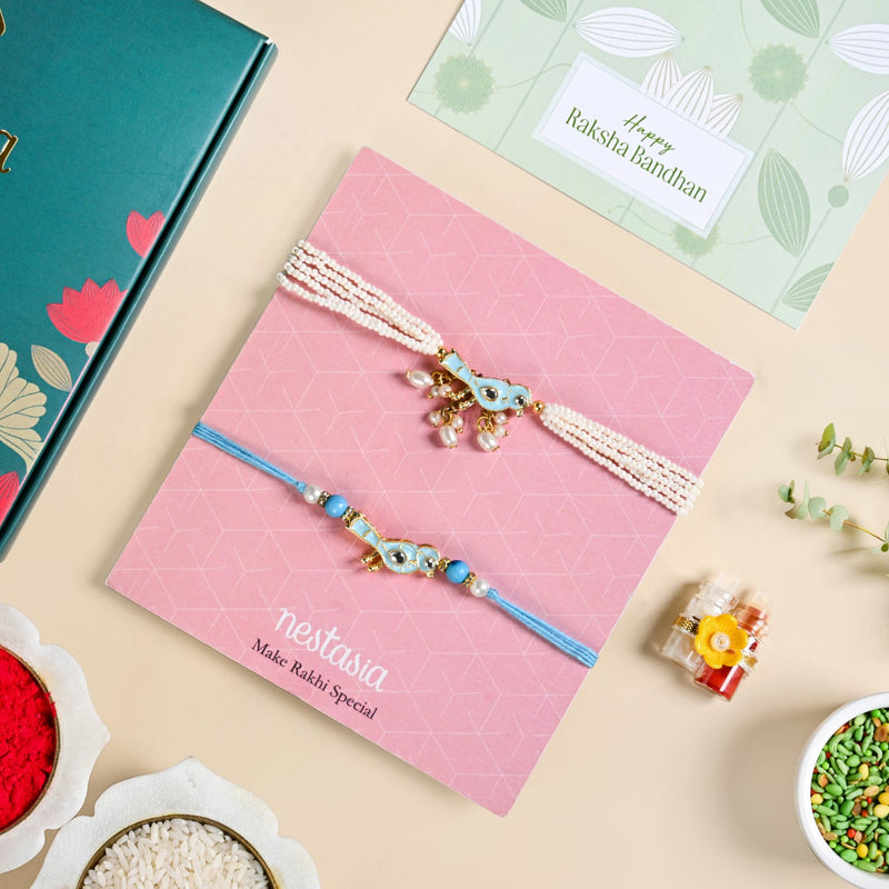 Blue Bird Charm Rakhi And Lumba Bracelet Set