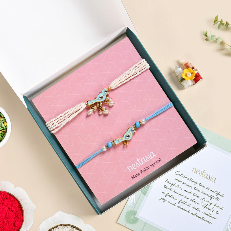 Blue Bird Charm Rakhi And Lumba Bracelet Set