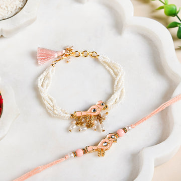 Peach Bird Rakhi And Lumba Bracelet Gift Set
