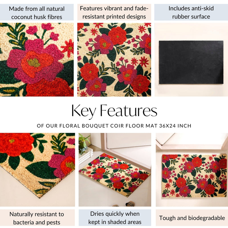 Floral Bouquet Coir Floor Mat 36x24 Inch