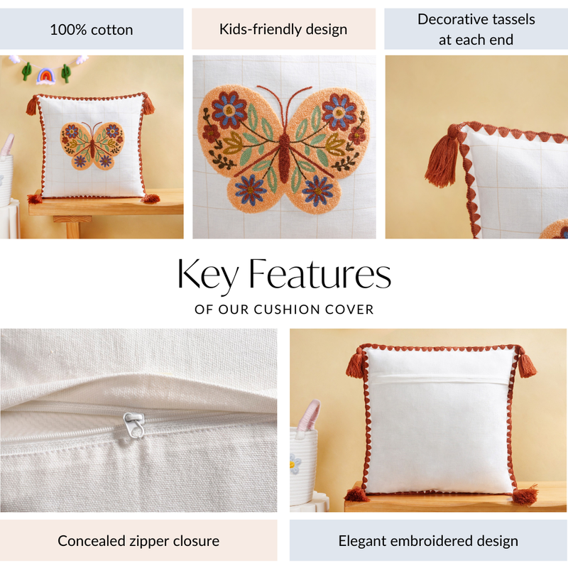 Floral Butterfly Embroidered Cotton Cushion Cover 42x42cm