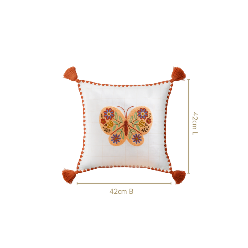 Floral Butterfly Embroidered Cotton Cushion Cover 42x42cm