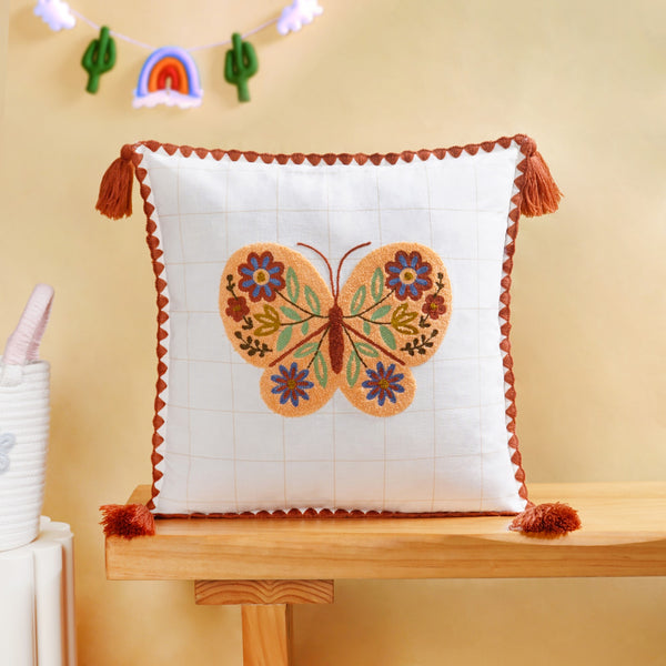 Floral Butterfly Embroidered Cotton Cushion Cover 42x42cm