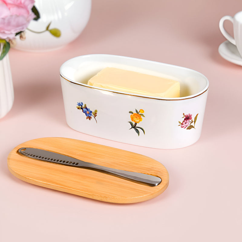 Floral Ceramic Butter Dish With Lid And Knife