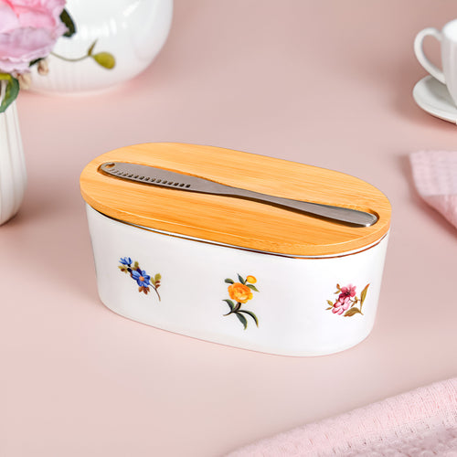 Floral Ceramic Butter Dish With Lid And Knife