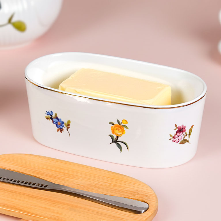 Floral Ceramic Butter Dish With Lid And Knife