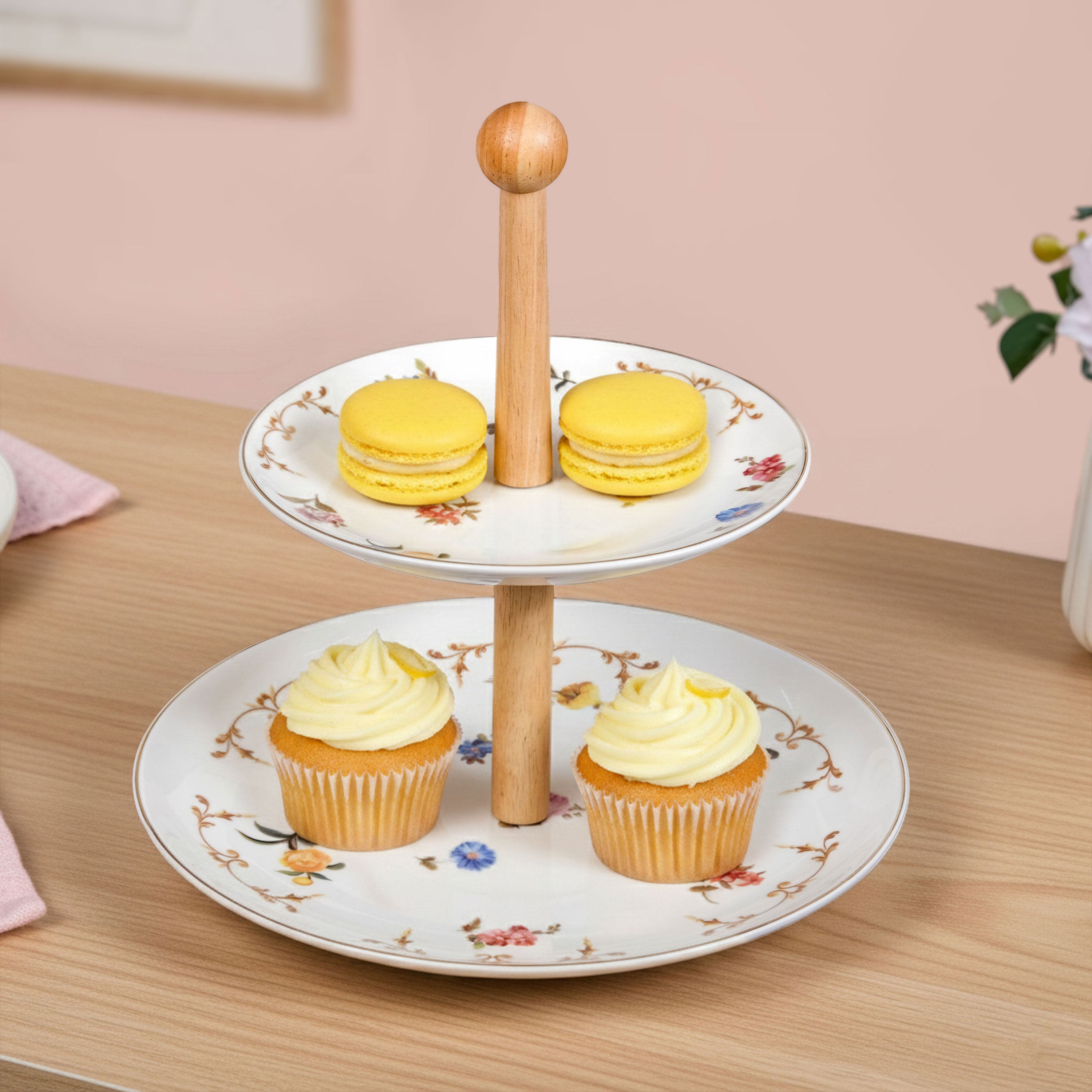 Floral Ceramic Two Tier Cupcake Stand