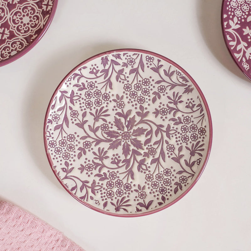 Floral Design Ceramic Dessert Plate Set Of 4 White Burgundy 15cm