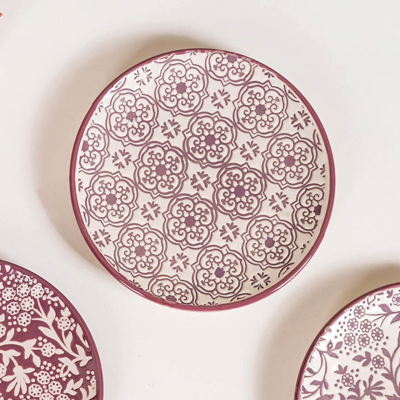 Floral Design Ceramic Dessert Plate Set Of 4 White Burgundy 15cm