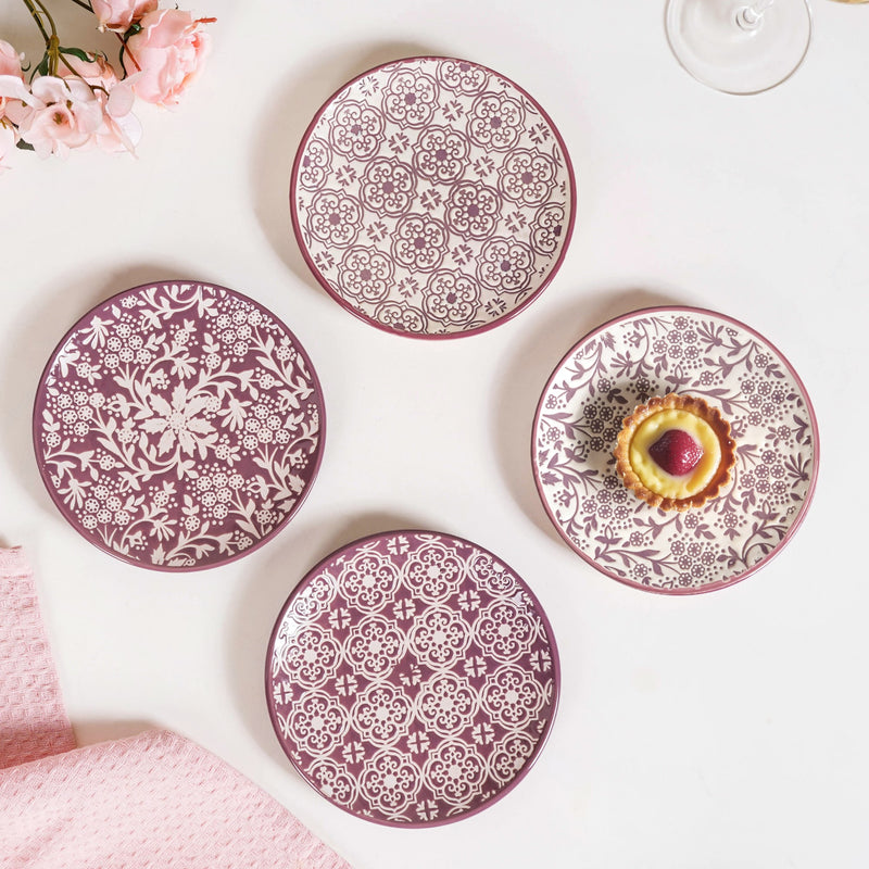 Floral Design Ceramic Dessert Plate Set Of 4 White Mauve 15cm