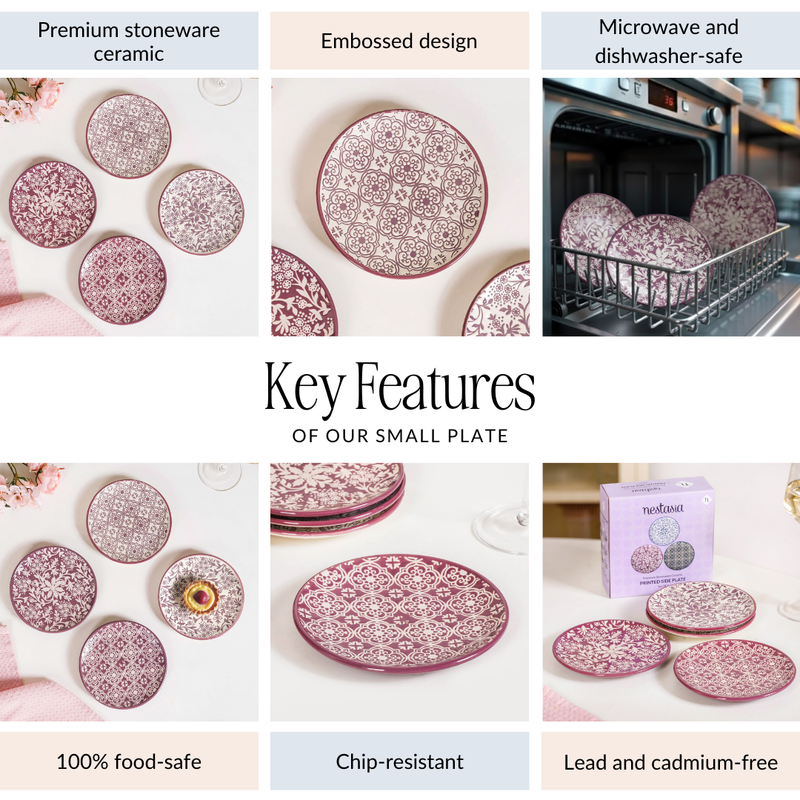 Floral Design Ceramic Dessert Plate Set Of 4 White Mauve 15cm