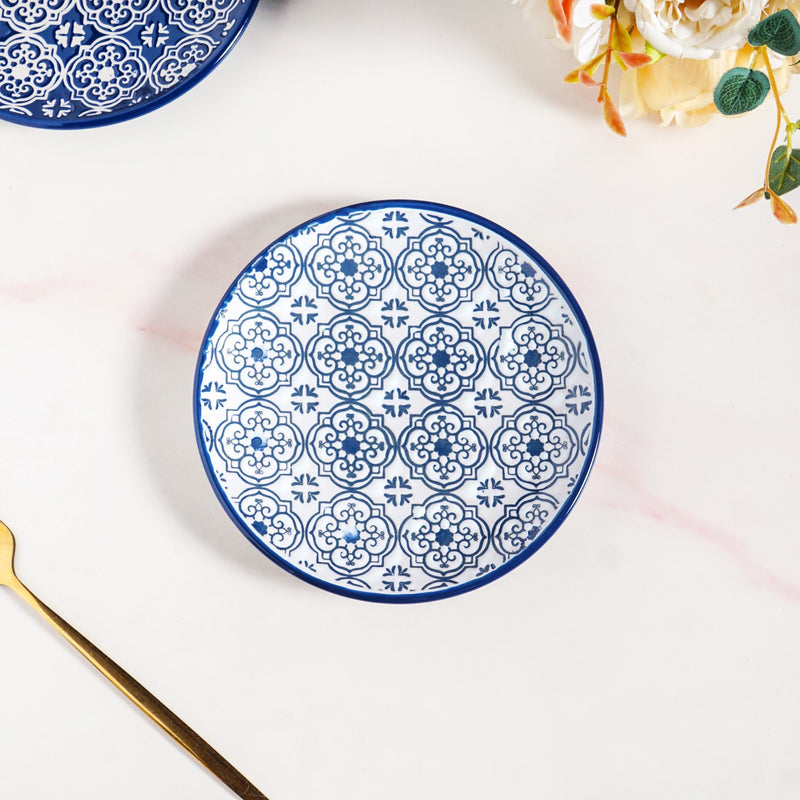 Floral Design Ceramic Dessert Plates Set Of 4 White Blue 15cm