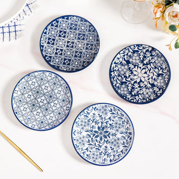 Floral Design Ceramic Dessert Plates Set Of 4 White Blue 15cm