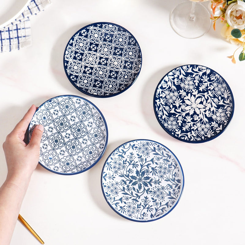 Floral Design Ceramic Dessert Plates Set Of 4 White Blue 15cm
