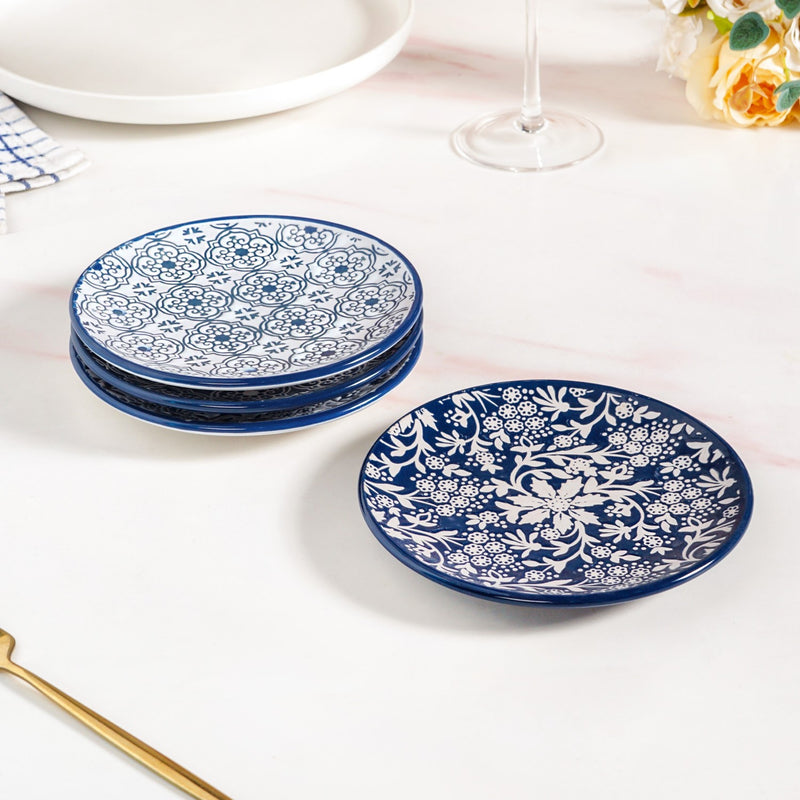Floral Design Ceramic Dessert Plates Set Of 4 White Blue 15cm