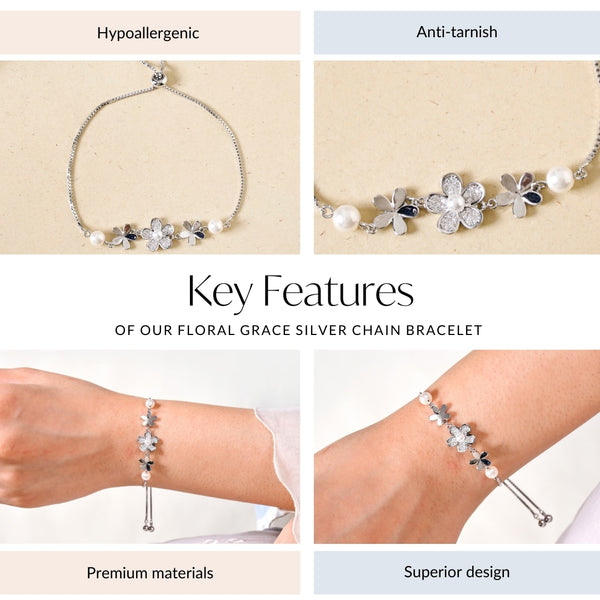 Floral Grace Silver Chain Bracelet