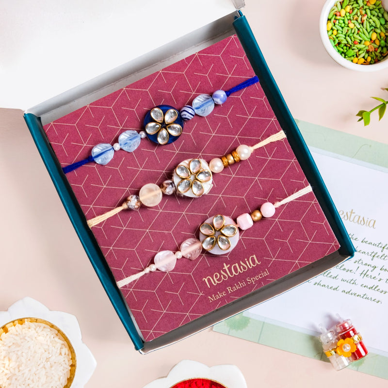 Floral Kundan Rakhi Trio Gift Set