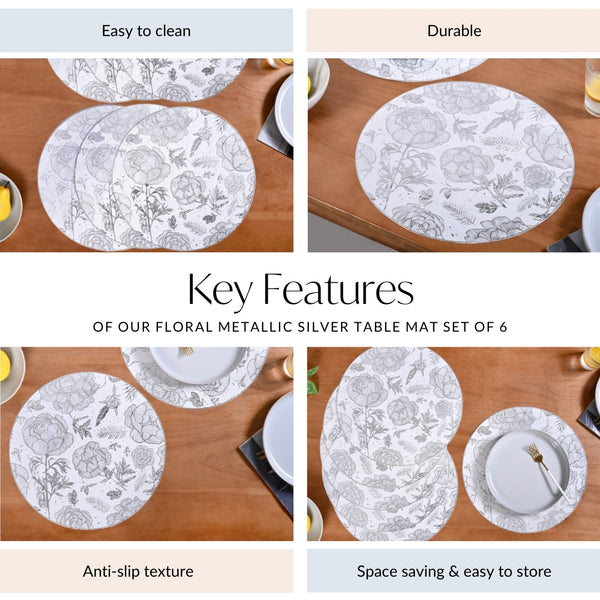 Floral Metallic Silver Table Mat Set Of 6