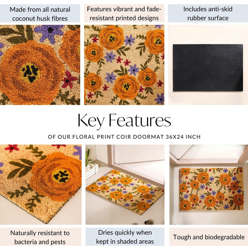 Floral Print Coir Doormat 36x24 Inch