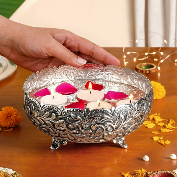 Floral Pure Brass Urli With Silver Polish 17cm