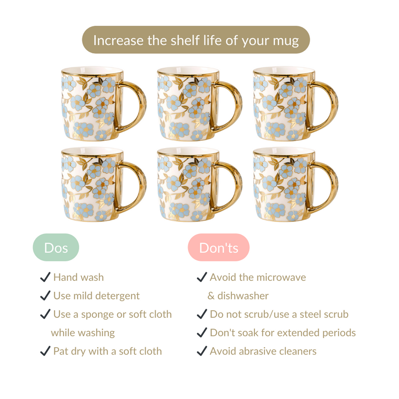 Luxe Ceramic Cup With Flower Design Set of 6 330ml - Tea cup set, coffee cup set, tea cups, coffee cups, ceramic tea cups