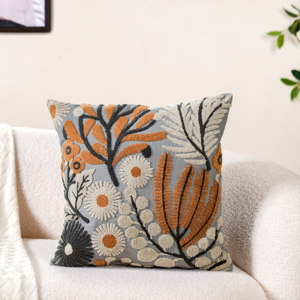Embroidered Botanical Cushion Cover 15x15 Inch