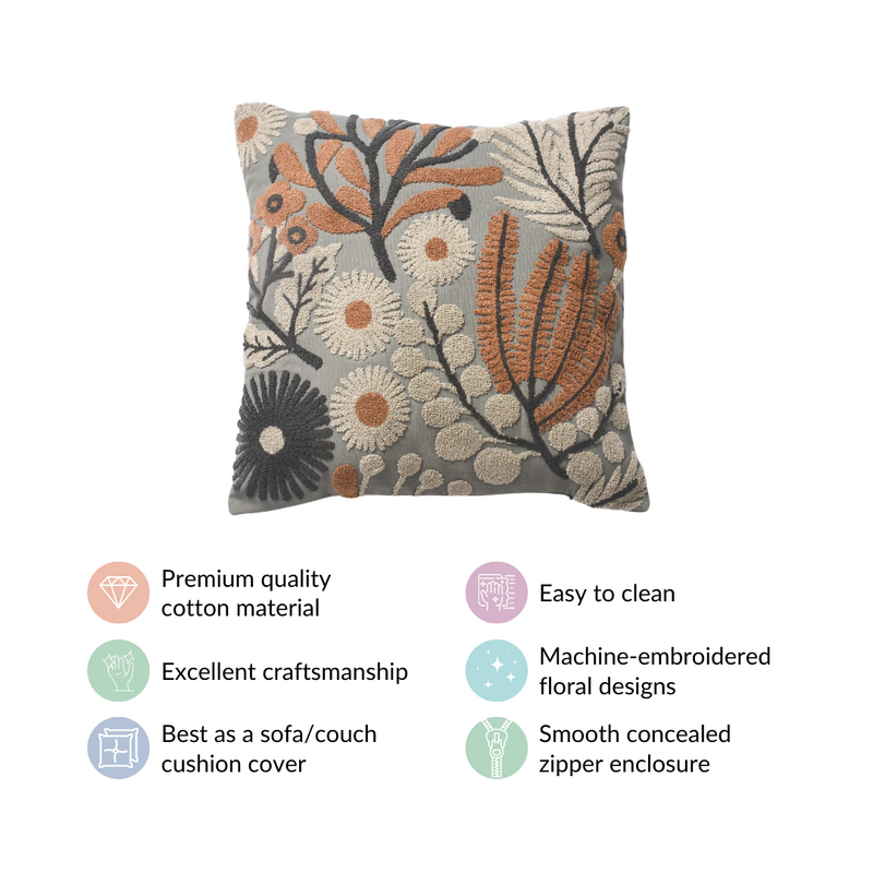 Embroidered Botanical Cushion Cover 15x15 Inch