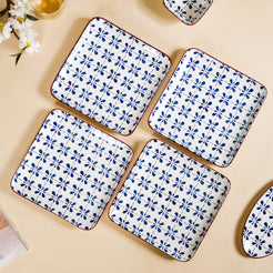 Set Of 4 Square Dinner Plates Blue Flower Design 9 Inch - Dinner plates, ceramic plates, ceramic dinner plates, square plates, dinner plate set