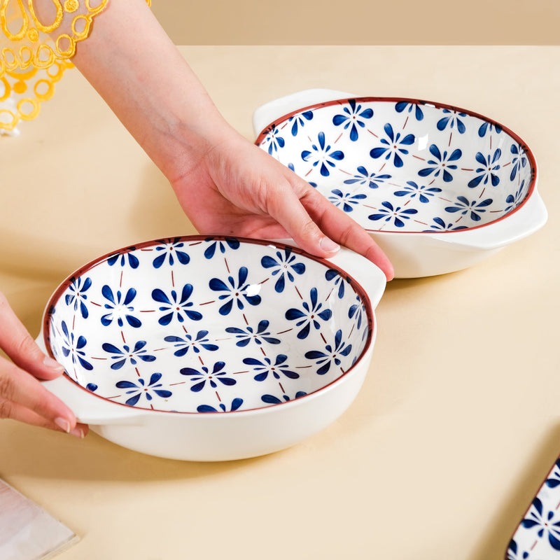Blue Flower Serving Bowl Set Of 2 1000ml - Serving bowl set, ceramic serving bowls, microwave safe bowls, bowl with handle