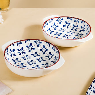 Blue Flower Serving Bowl Set Of 2 1000ml - Serving bowl set, ceramic serving bowls, microwave safe bowls, bowl with handle