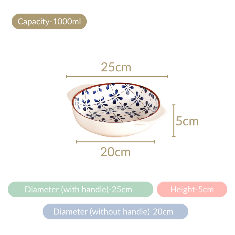 Blue Flower Serving Bowl Set Of 2 1000ml - Serving bowl set, ceramic serving bowls, microwave safe bowls, bowl with handle