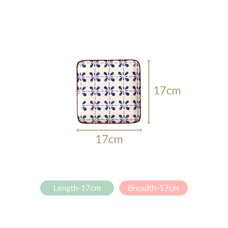Set Of 4 Flower Blue Square Snack Plates 7 Inch - Snack plates, small plates, ceramic snack plates, side plates, snack plates set