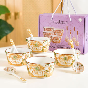Floral Soup Bowl Set Of 4 With Spoons 370ml