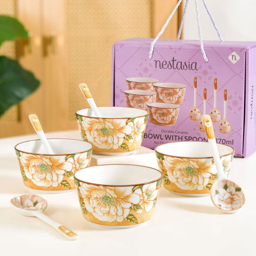 Floral Soup Bowl Set Of 4 With Spoons 370ml