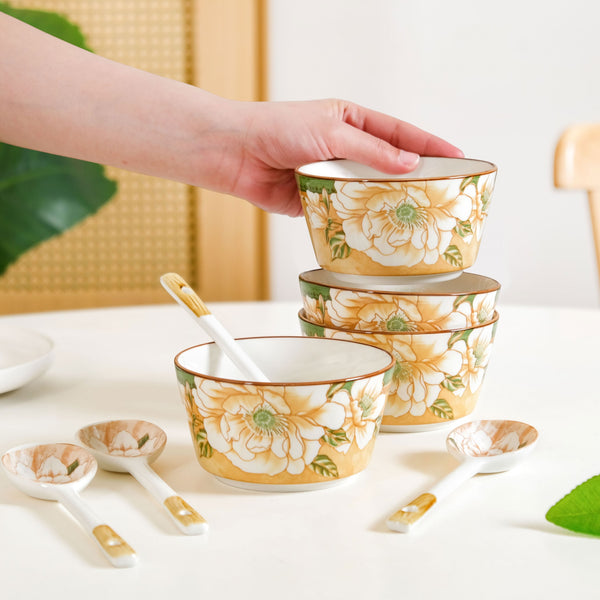 Floral Soup Bowl Set Of 4 With Spoons 370ml