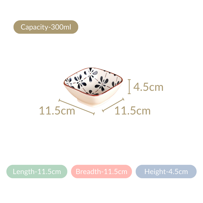 Floral Square Ceramic Bowls Set Of 4 Blue 300ml - soup bowl set, small bowls, snack bowls, soup bowls, bowl, bowls set of 2, snack bowls set